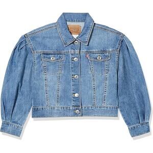 LEVIS GIRLS 8-10 PLEAT SLEEVE OVERSIZE DENIM TRUCKER JACKET IN MILESTONE